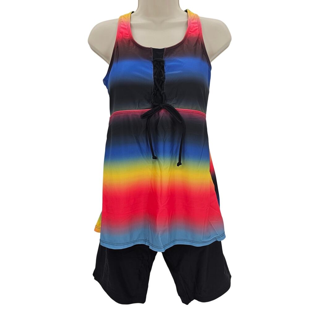 Lalagen Womans size XL Two Piece Tankini Boyshorts Swimsuit Rainbow Stripe NWOT